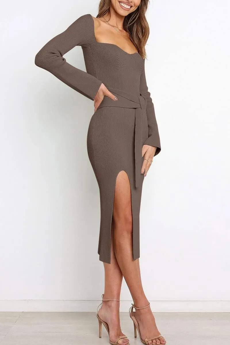 LILLUSORY Women's Sweetheart Neckline Midi Dress Long Sleeve Ribbed Knit Sweater Outfits with Slit and Belt 2024 Spring