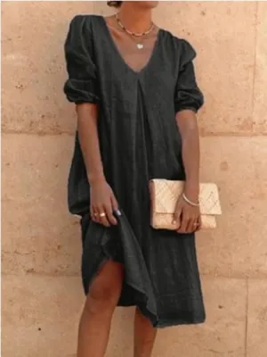 Linen Dresses for Women 2024 Women Midi Dress Casual V Neck Short Puff Sleeve Long Dress Foose Fit Dresses
