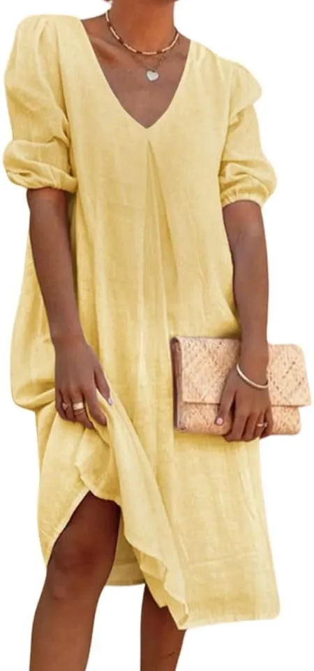Linen Dresses for Women 2024 Women Midi Dress Casual V Neck Short Puff Sleeve Long Dress Foose Fit Dresses
