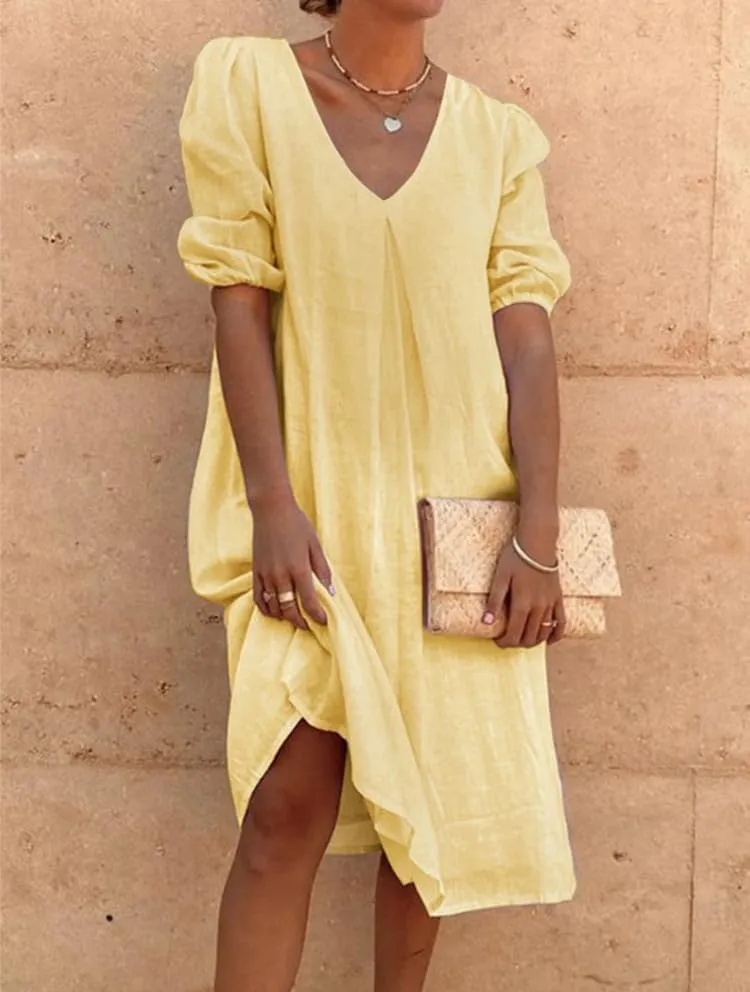 Linen Dresses for Women 2024 Women Midi Dress Casual V Neck Short Puff Sleeve Long Dress Foose Fit Dresses