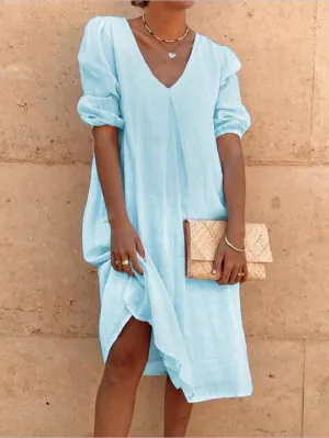 Linen Dresses for Women 2024 Women Midi Dress Casual V Neck Short Puff Sleeve Long Dress Foose Fit Dresses