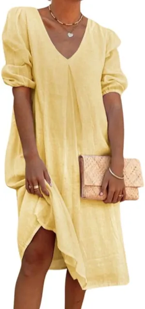 Linen Dresses for Women 2024 Women Midi Dress Casual V Neck Short Puff Sleeve Long Dress Foose Fit Dresses