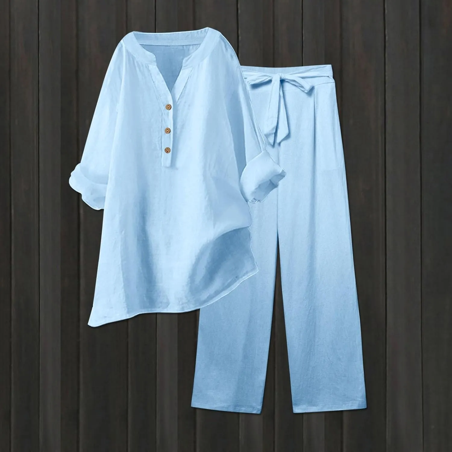 Linen Set For Women 2 Piece Summer Outfits Plus Size Long Sleeve Graphic Button Tees Capri Pants Lounge Matching Sets