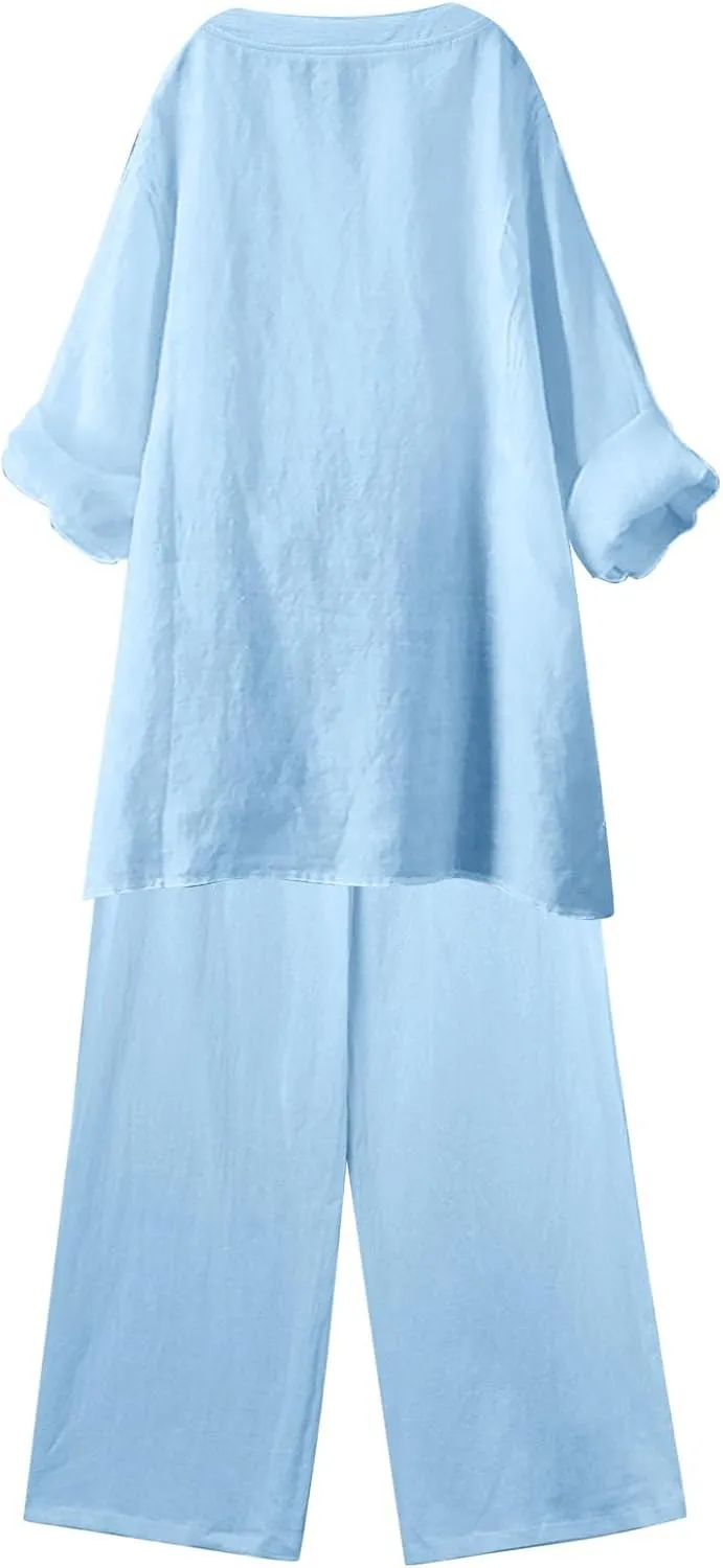 Linen Set For Women 2 Piece Summer Outfits Plus Size Long Sleeve Graphic Button Tees Capri Pants Lounge Matching Sets