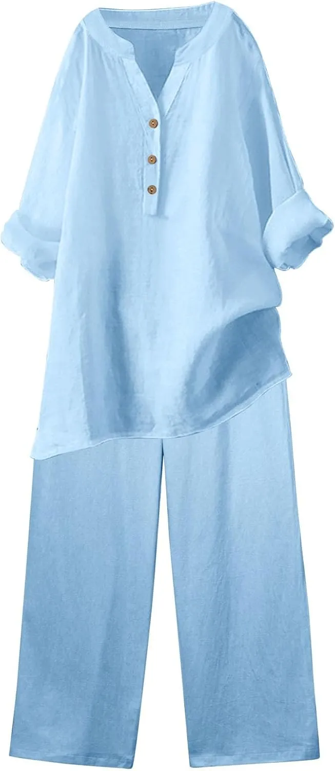 Linen Set For Women 2 Piece Summer Outfits Plus Size Long Sleeve Graphic Button Tees Capri Pants Lounge Matching Sets