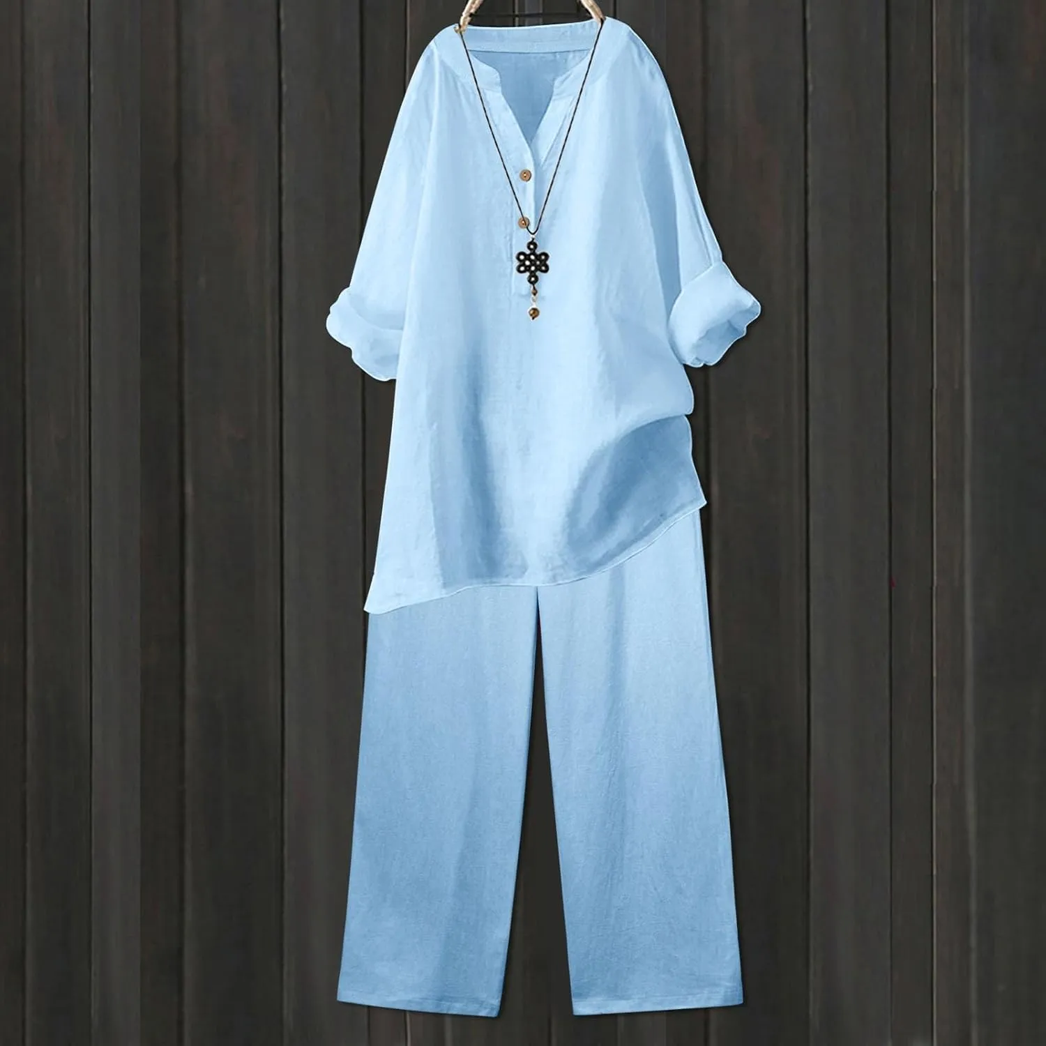 Linen Set For Women 2 Piece Summer Outfits Plus Size Long Sleeve Graphic Button Tees Capri Pants Lounge Matching Sets