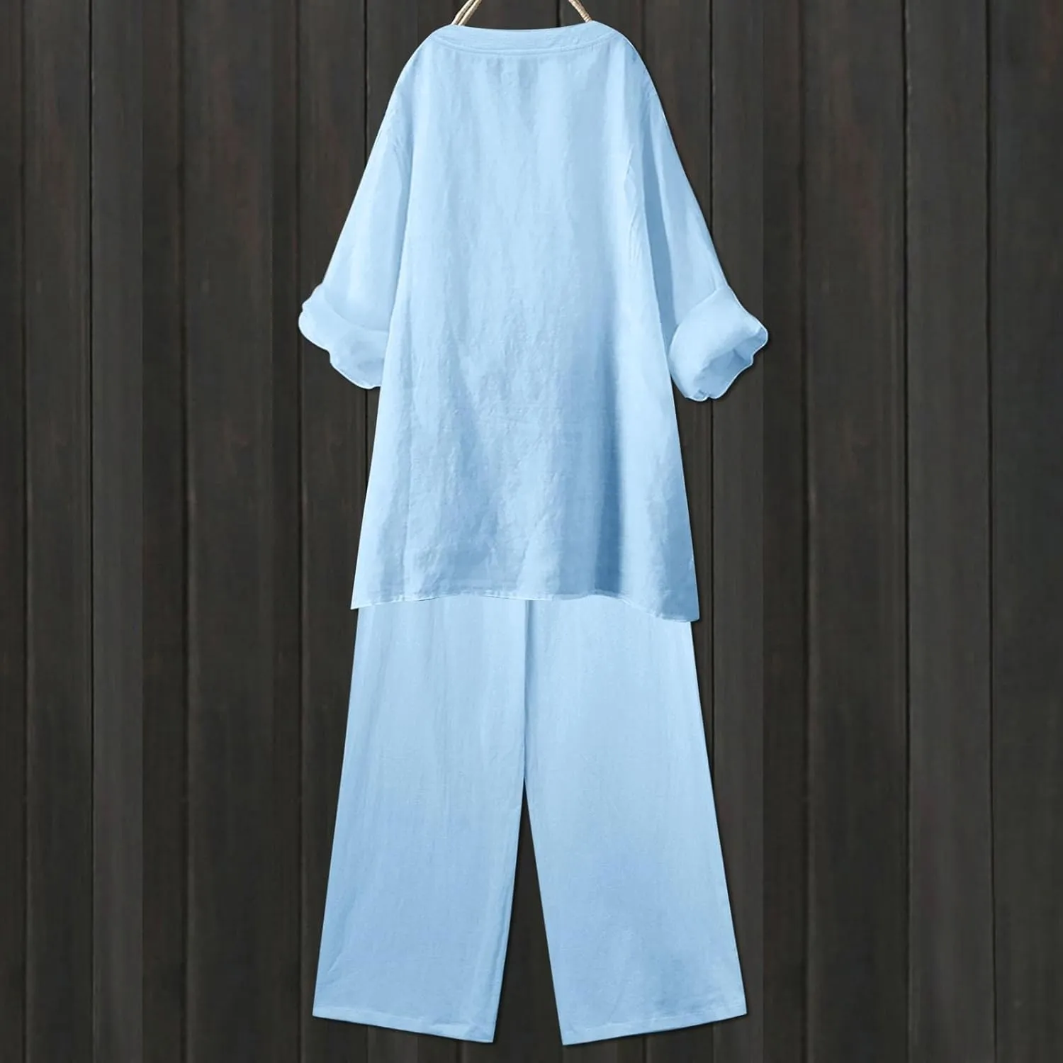 Linen Set For Women 2 Piece Summer Outfits Plus Size Long Sleeve Graphic Button Tees Capri Pants Lounge Matching Sets