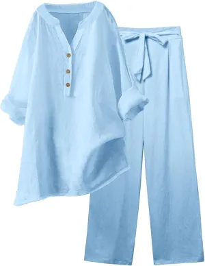 Linen Set For Women 2 Piece Summer Outfits Plus Size Long Sleeve Graphic Button Tees Capri Pants Lounge Matching Sets