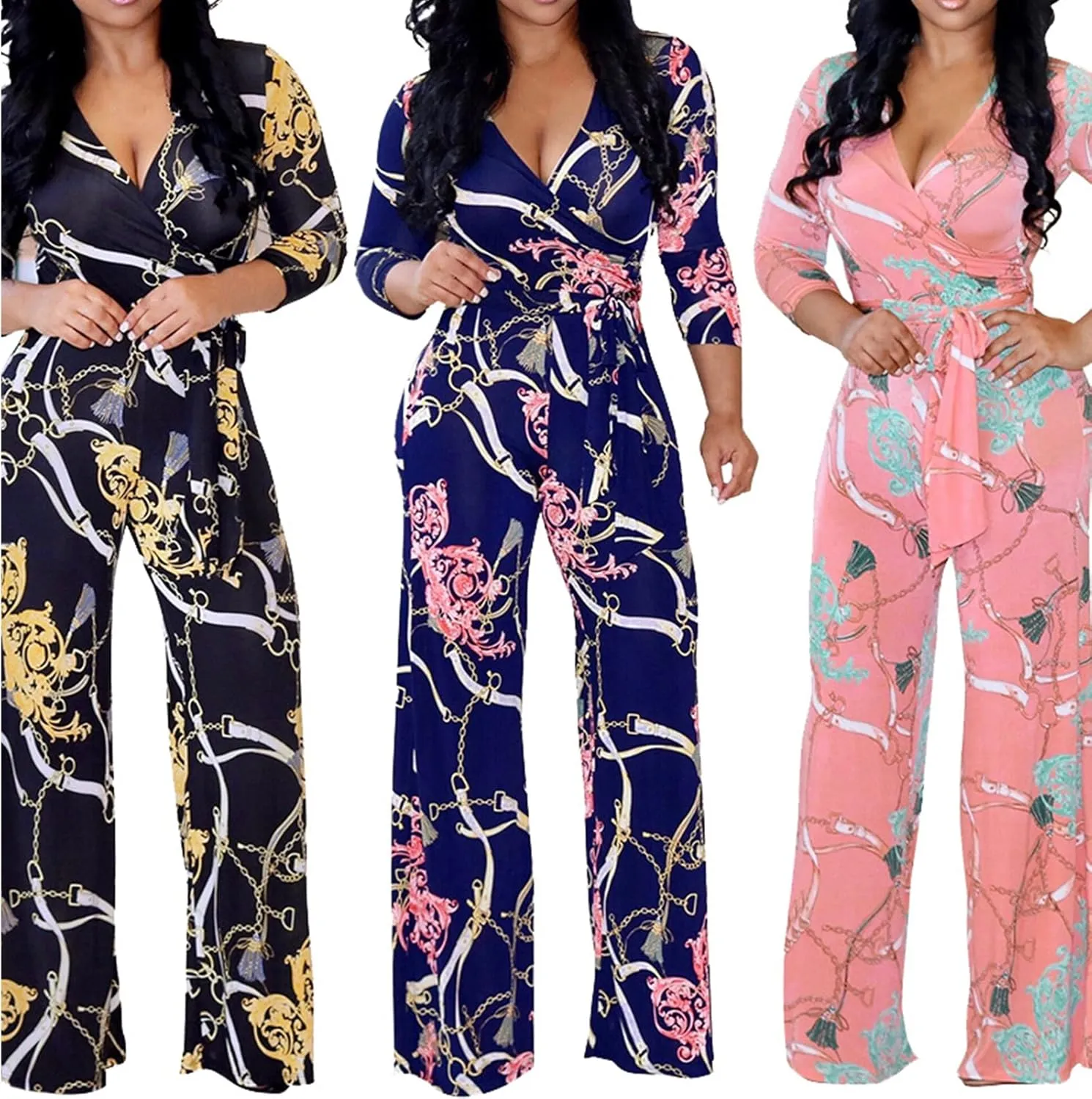 Lisa Colly Women's Summer Floral Print Wide Leg Jumpsuits Casual Beach Rompers Long Pants