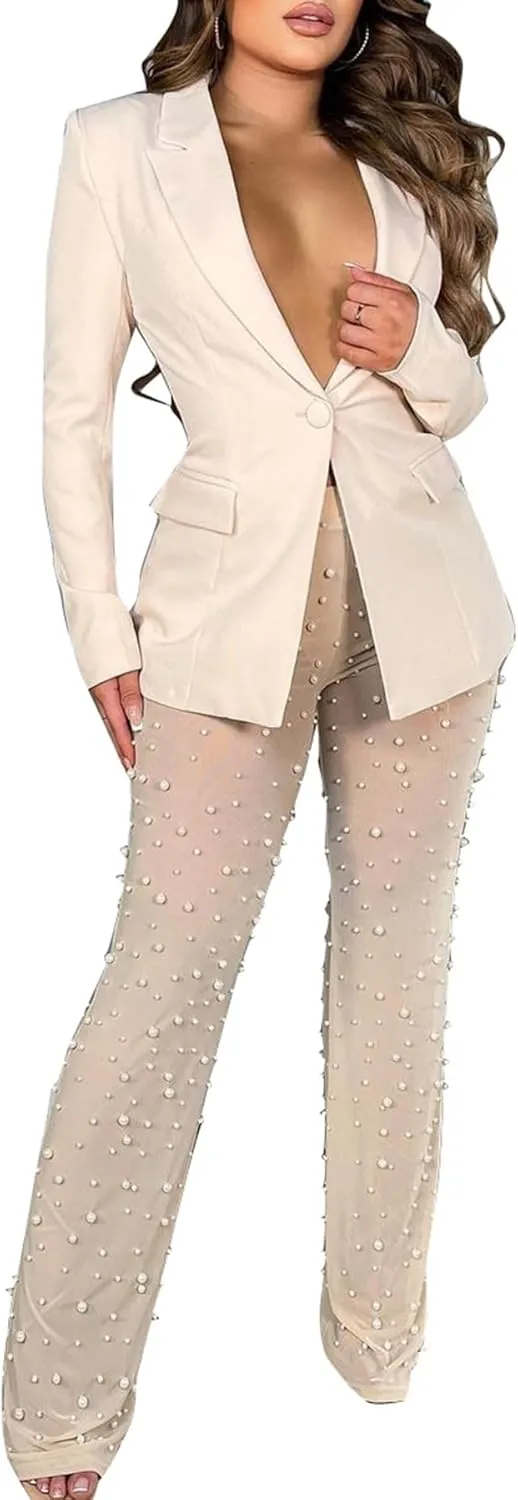 LKOUS Sexy Blazer Suits for Women,Long Sleeve Blazer and Mesh Beading Pants Clubwear Set with Underwear