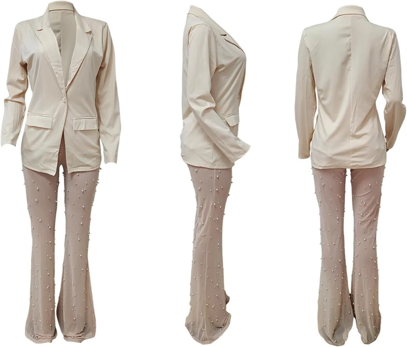 LKOUS Sexy Blazer Suits for Women,Long Sleeve Blazer and Mesh Beading Pants Clubwear Set with Underwear