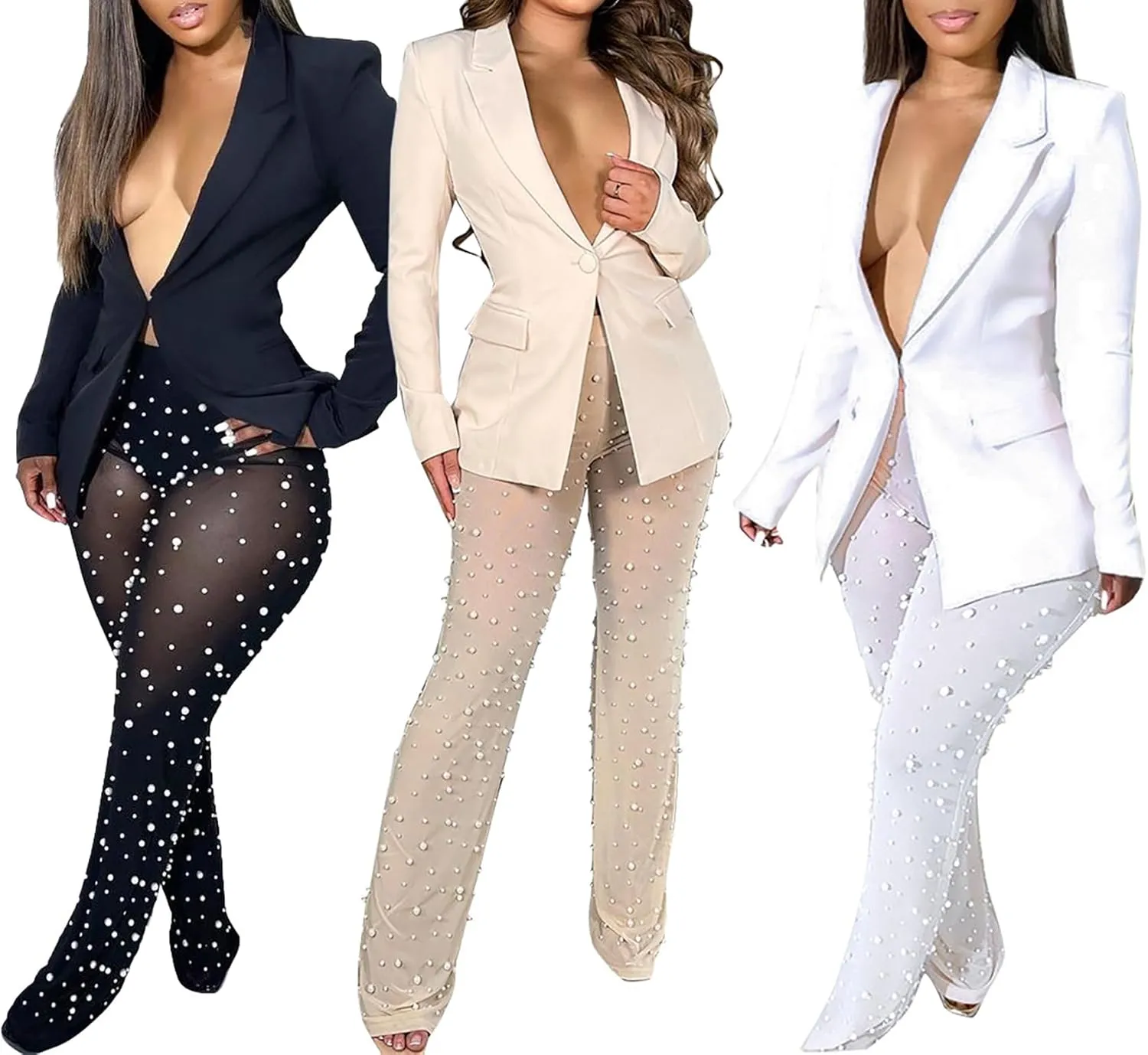 LKOUS Sexy Blazer Suits for Women,Long Sleeve Blazer and Mesh Beading Pants Clubwear Set with Underwear