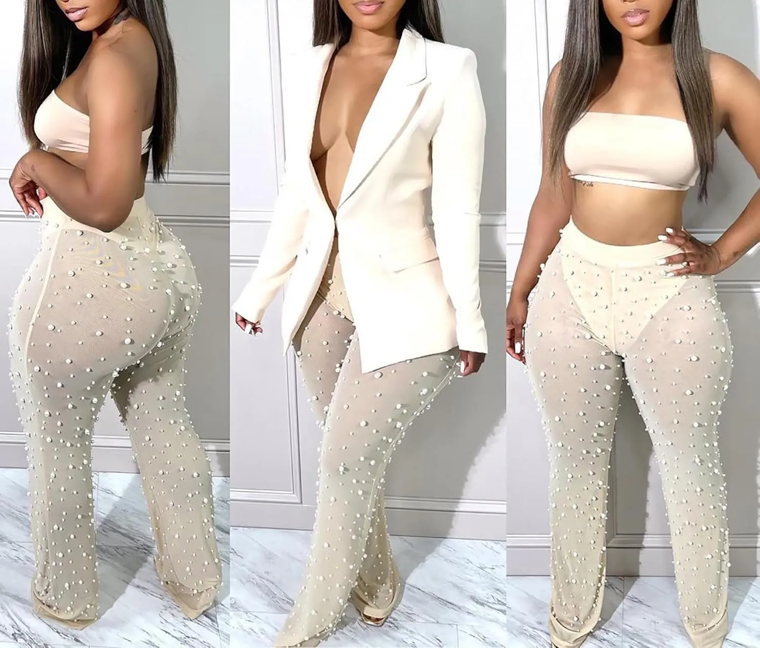 LKOUS Sexy Blazer Suits for Women,Long Sleeve Blazer and Mesh Beading Pants Clubwear Set with Underwear