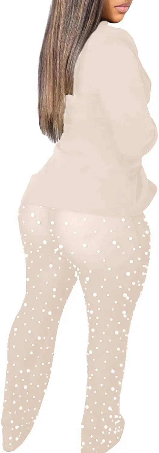 LKOUS Sexy Blazer Suits for Women,Long Sleeve Blazer and Mesh Beading Pants Clubwear Set with Underwear