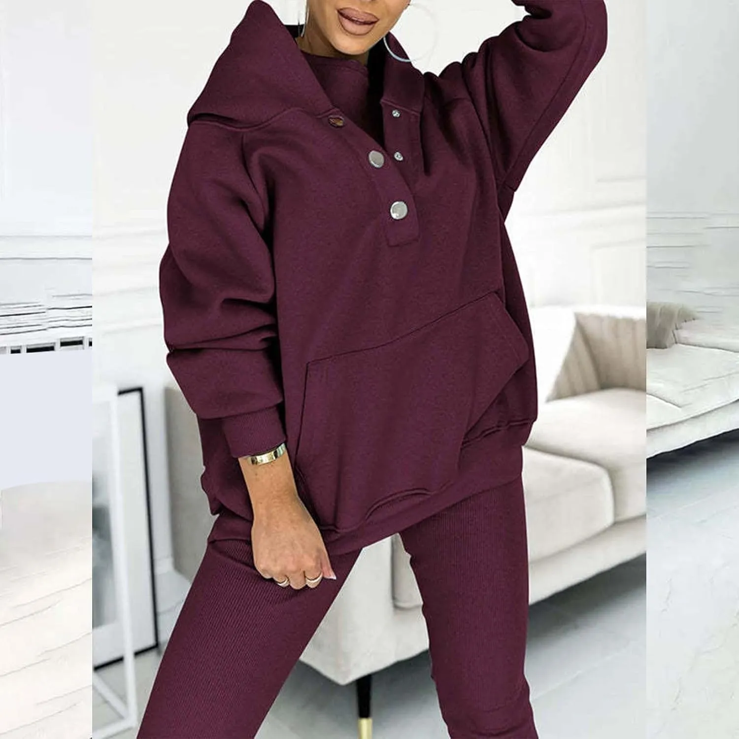Lounge Sets for Women - 2 Piece Button Thick Outfits Sweatsuit Hoodies with Pants Fall Jogging Track Suits for Women