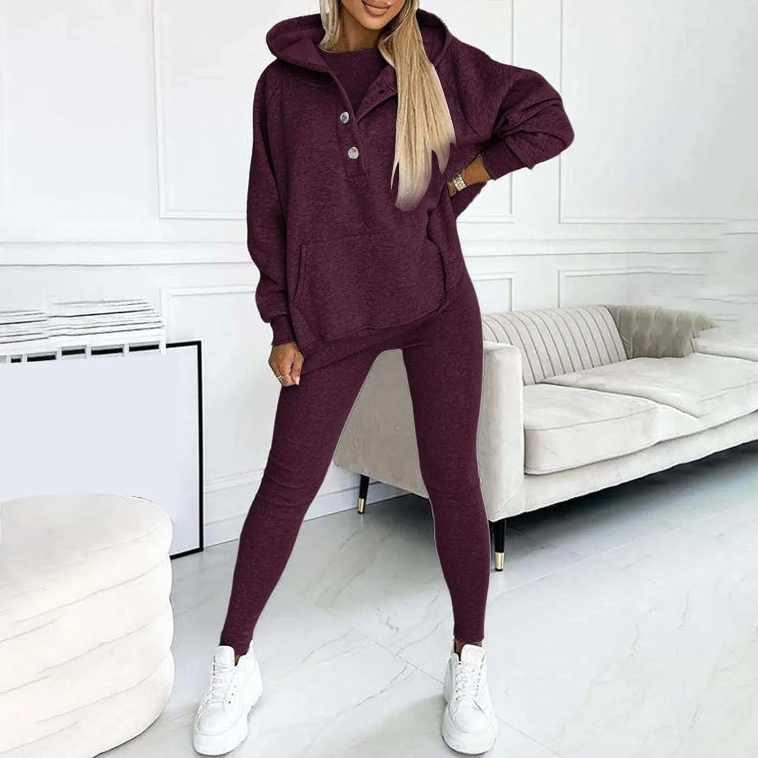 Lounge Sets for Women - 2 Piece Button Thick Outfits Sweatsuit Hoodies with Pants Fall Jogging Track Suits for Women