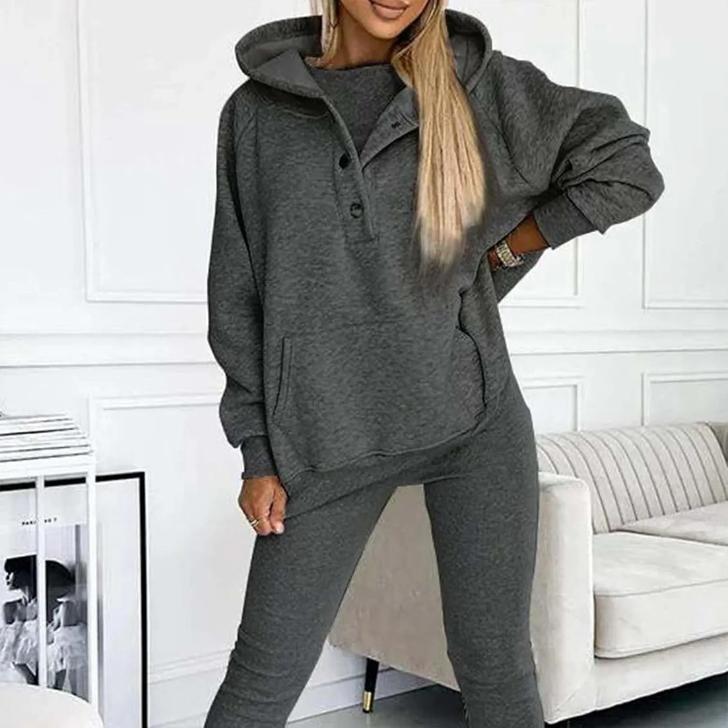 Lounge Sets for Women - 2 Piece Button Thick Outfits Sweatsuit Hoodies with Pants Fall Jogging Track Suits for Women