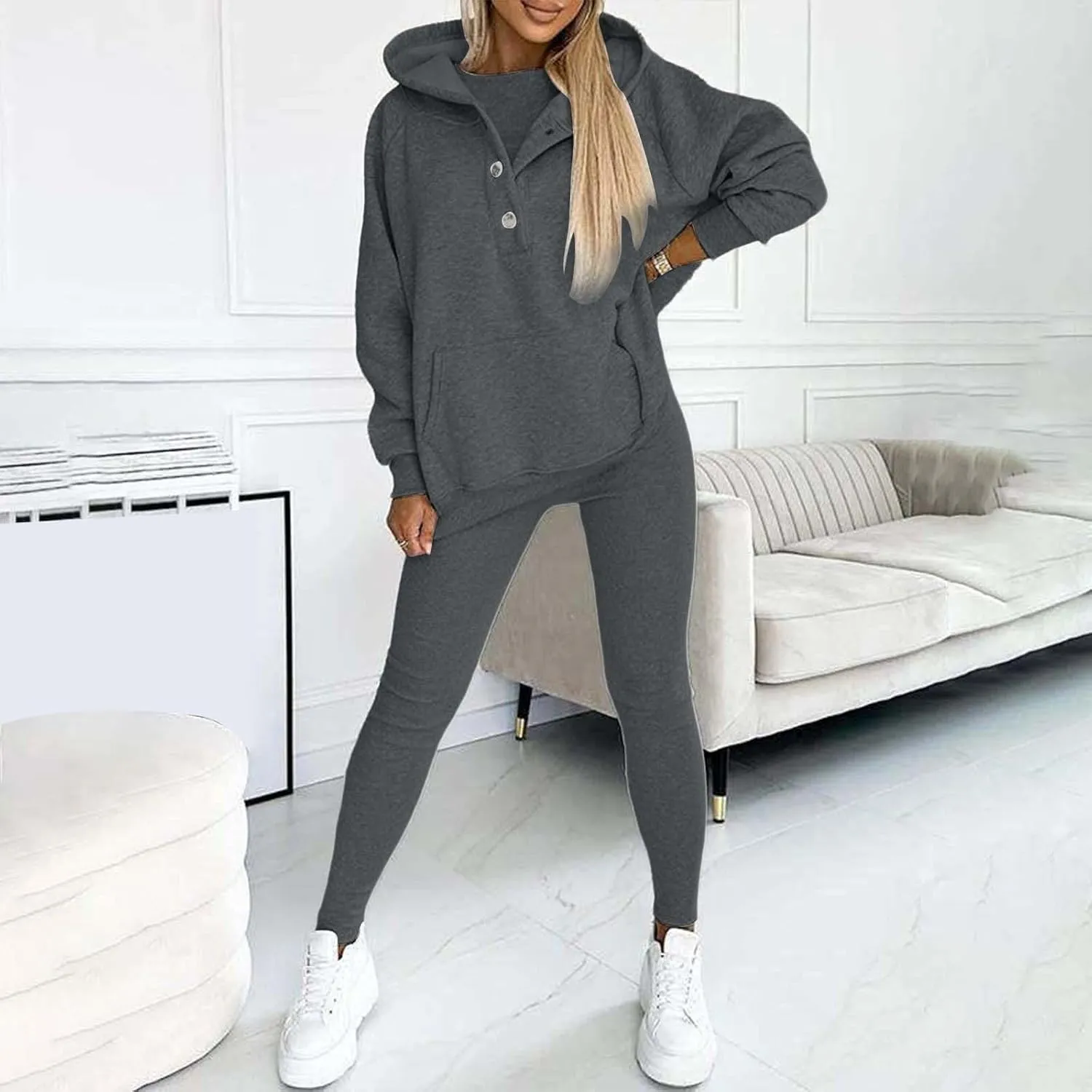 Lounge Sets for Women - 2 Piece Button Thick Outfits Sweatsuit Hoodies with Pants Fall Jogging Track Suits for Women