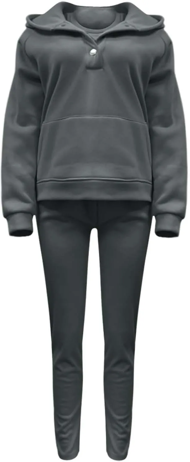 Lounge Sets for Women - 2 Piece Button Thick Outfits Sweatsuit Hoodies with Pants Fall Jogging Track Suits for Women