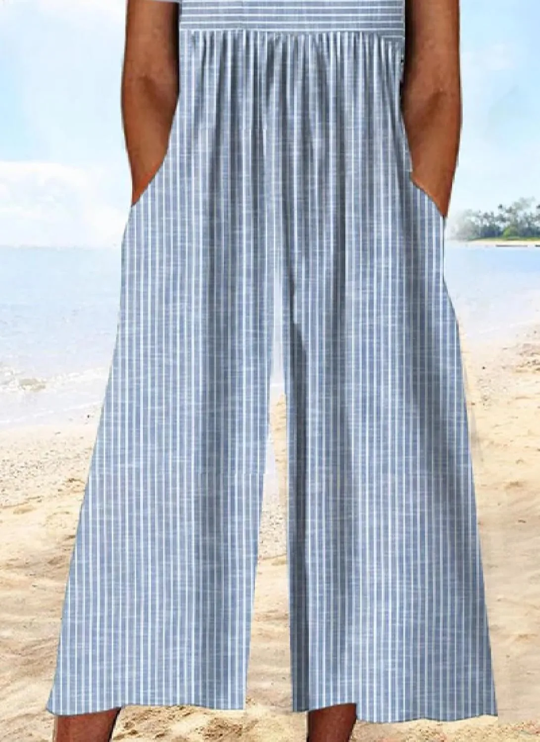 LOZ Summer Jumpsuits for Women 2025 Casual Striped Button V Neck Wide Leg Cropped Pants Short Sleeve One Piece Rompers