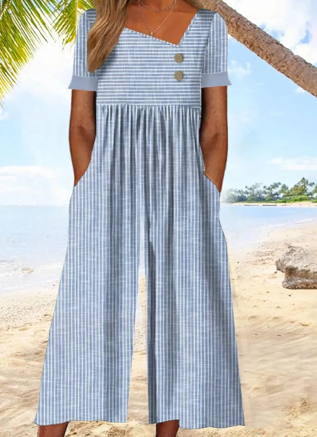 LOZ Summer Jumpsuits for Women 2025 Casual Striped Button V Neck Wide Leg Cropped Pants Short Sleeve One Piece Rompers