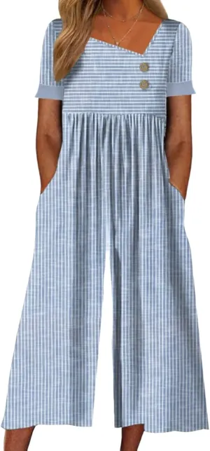 LOZ Summer Jumpsuits for Women 2025 Casual Striped Button V Neck Wide Leg Cropped Pants Short Sleeve One Piece Rompers