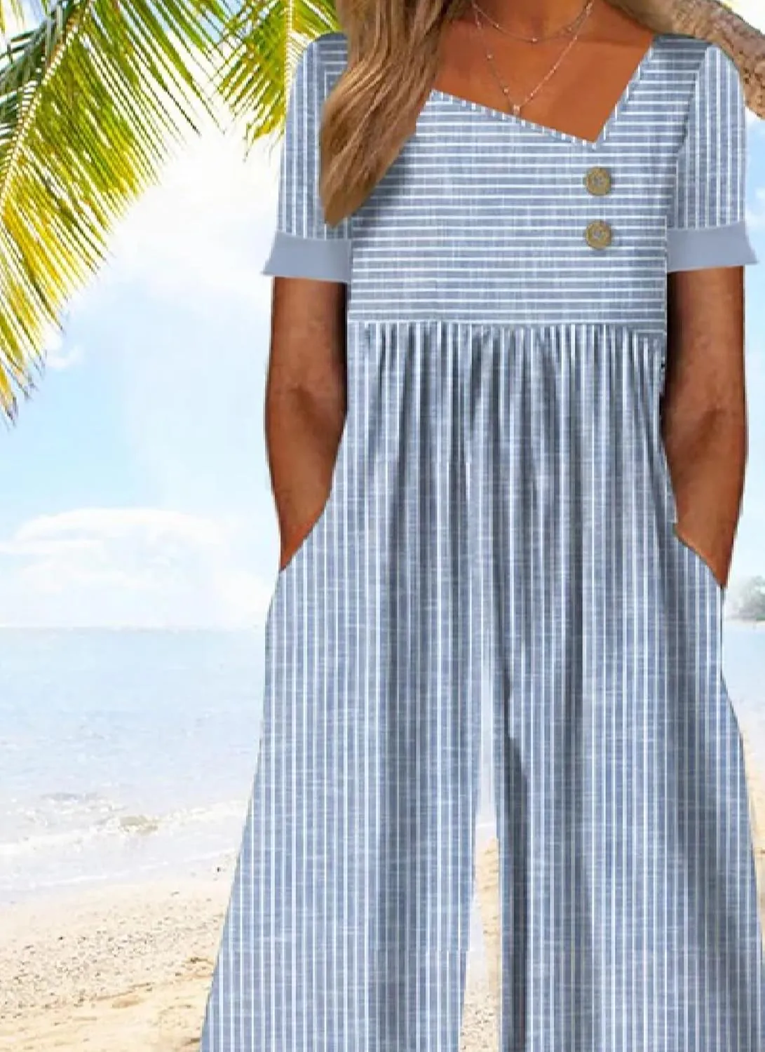 LOZ Summer Jumpsuits for Women 2025 Casual Striped Button V Neck Wide Leg Cropped Pants Short Sleeve One Piece Rompers