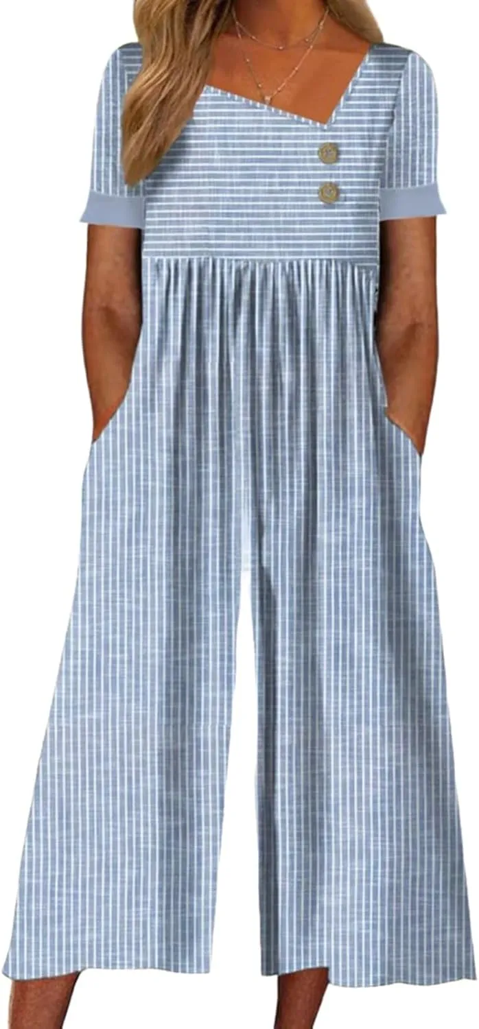 LOZ Summer Jumpsuits for Women 2025 Casual Striped Button V Neck Wide Leg Cropped Pants Short Sleeve One Piece Rompers