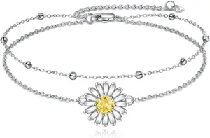 LUHE Daisy Anklets Sterling Silver Layered Chain Daisy Flower Ankle Bracelets Jewelry Gifts for Women Girls
