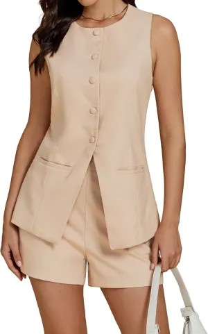 luvamia Linen Sets for Women 2 Piece Outfits Summer Shorts Button Down Vest Dressy Causal Vacation Comfy Matching Set