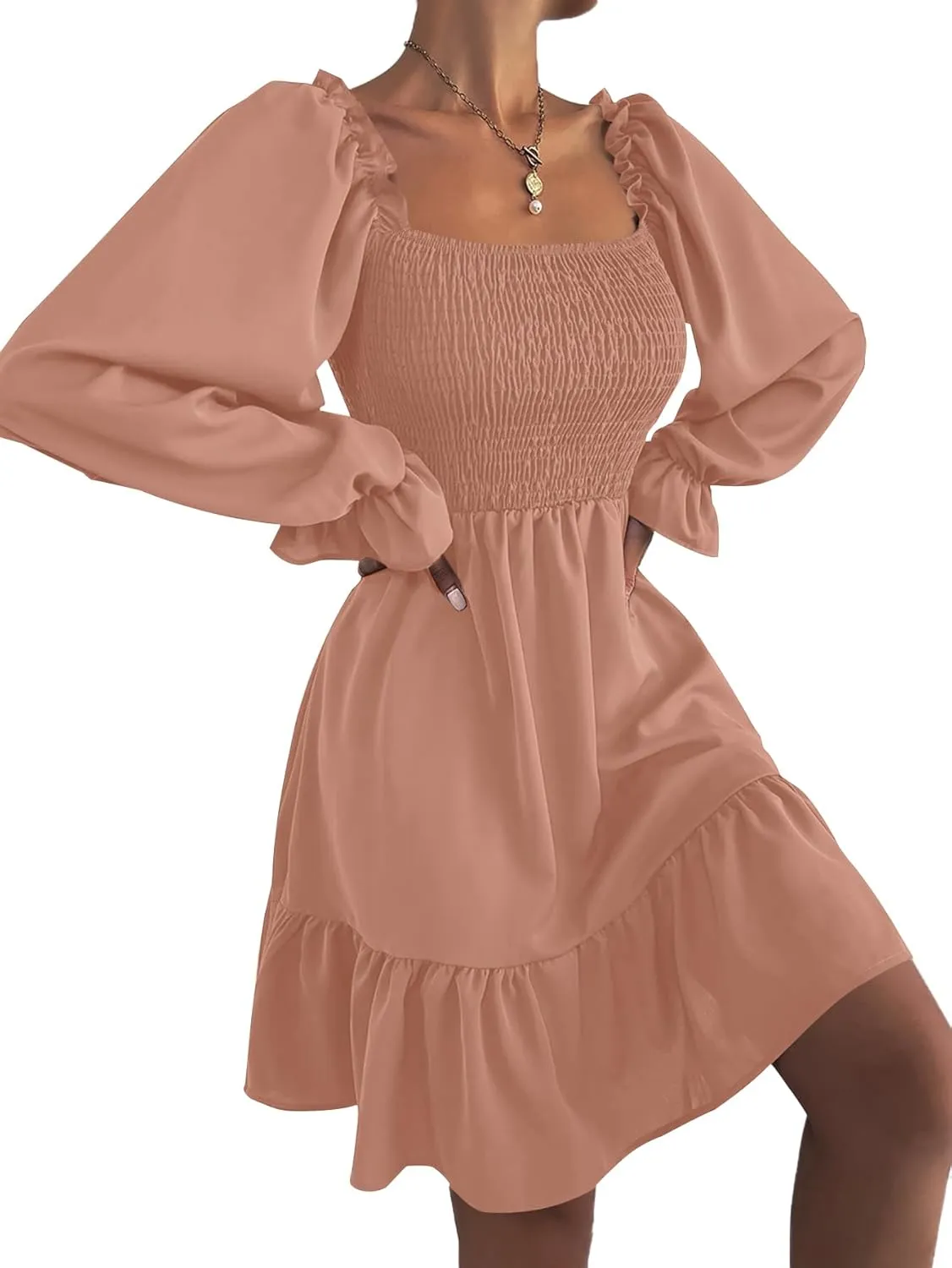 LYANER Women's Square Neck Lantern Long Sleeve Ruffle Shirred Flowy Party Mini Dress