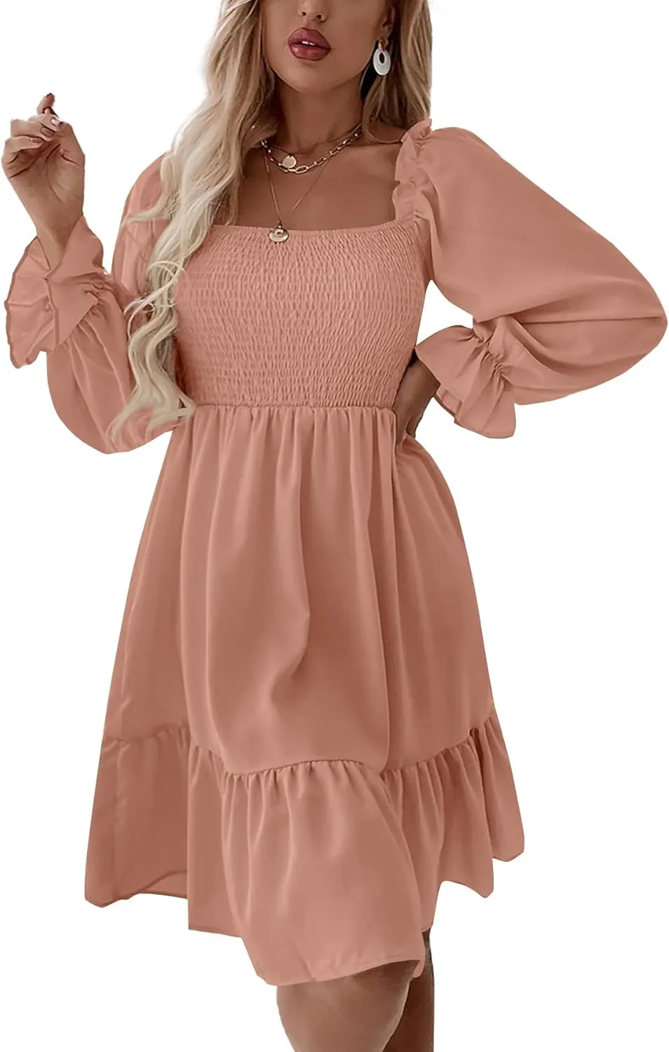 LYANER Women's Square Neck Lantern Long Sleeve Ruffle Shirred Flowy Party Mini Dress