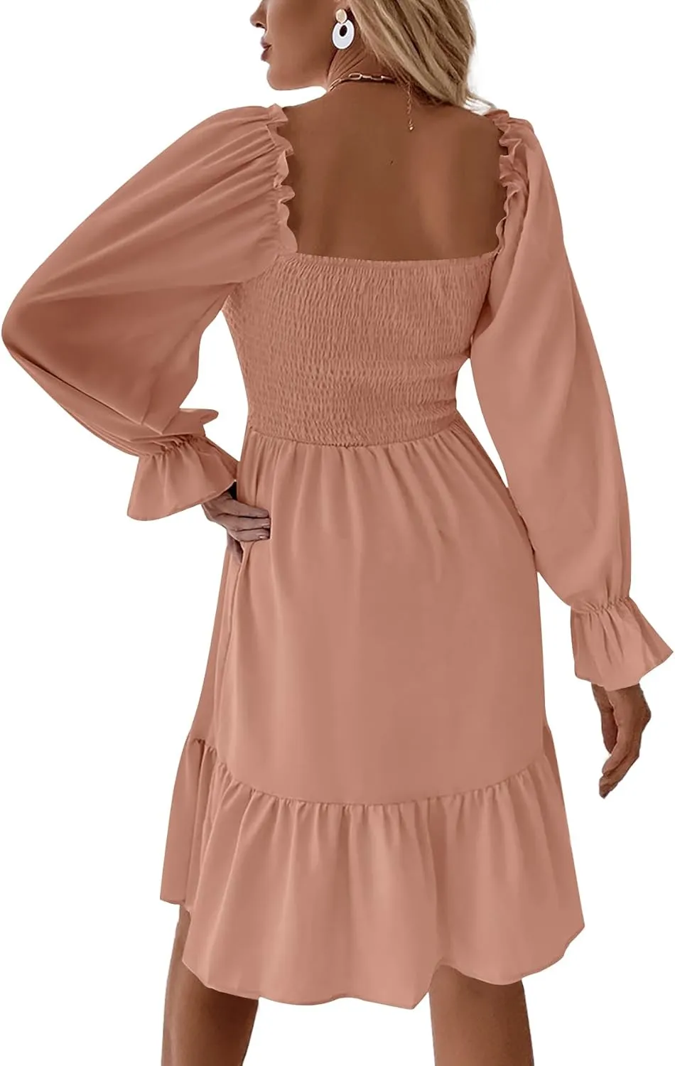 LYANER Women's Square Neck Lantern Long Sleeve Ruffle Shirred Flowy Party Mini Dress