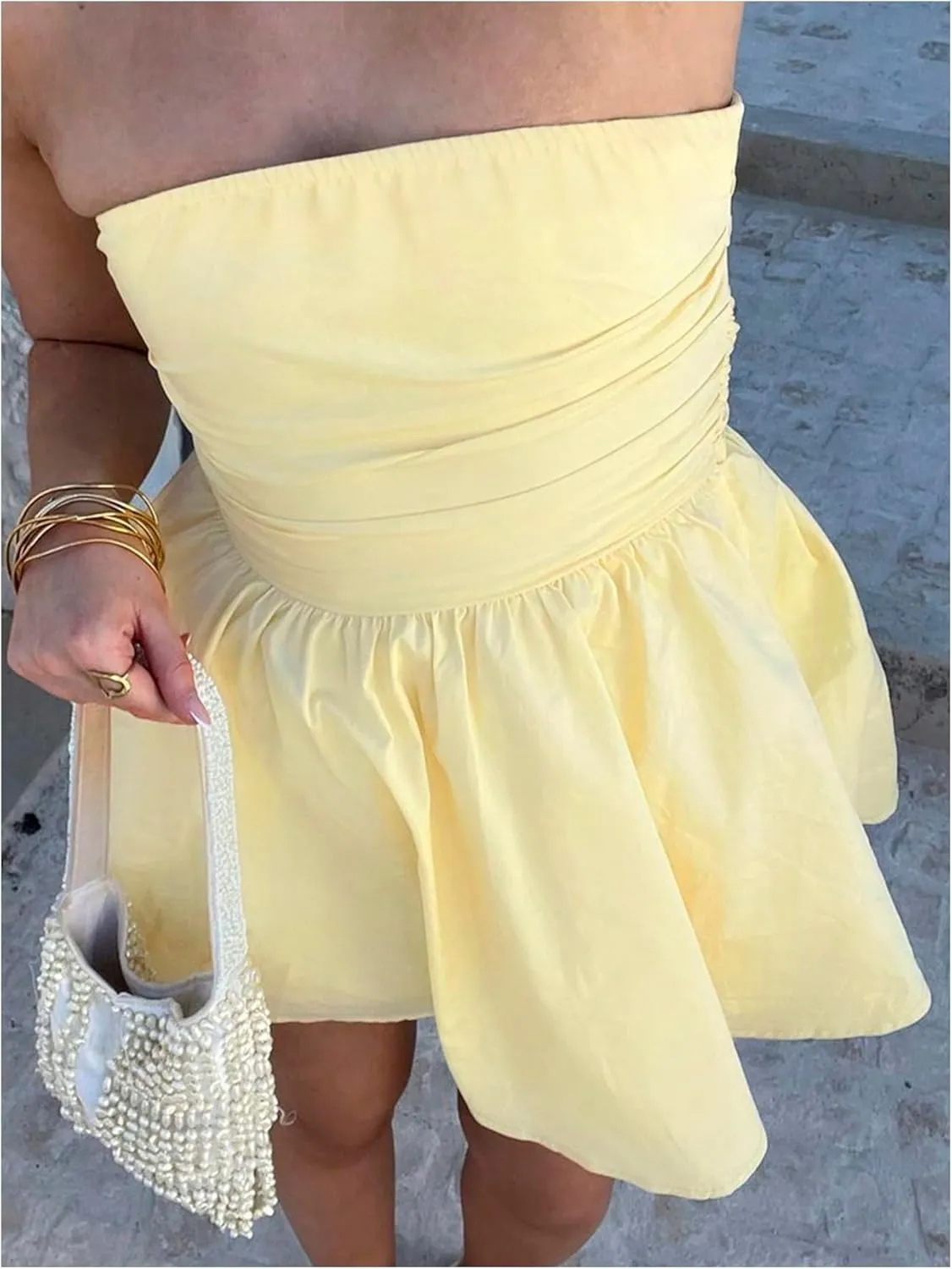 MakeMeChic Women's Bandeau Ruched Strapless Ruffle Bow Knot A Line Summer Mini Dress