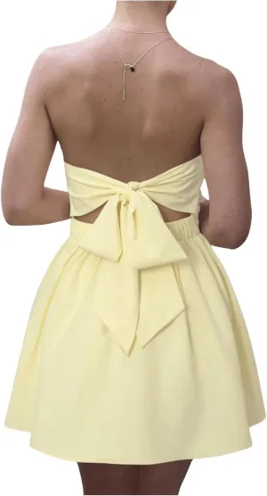 MakeMeChic Women's Bandeau Ruched Strapless Ruffle Bow Knot A Line Summer Mini Dress