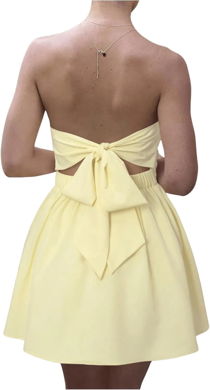 MakeMeChic Women's Bandeau Ruched Strapless Ruffle Bow Knot A Line Summer Mini Dress