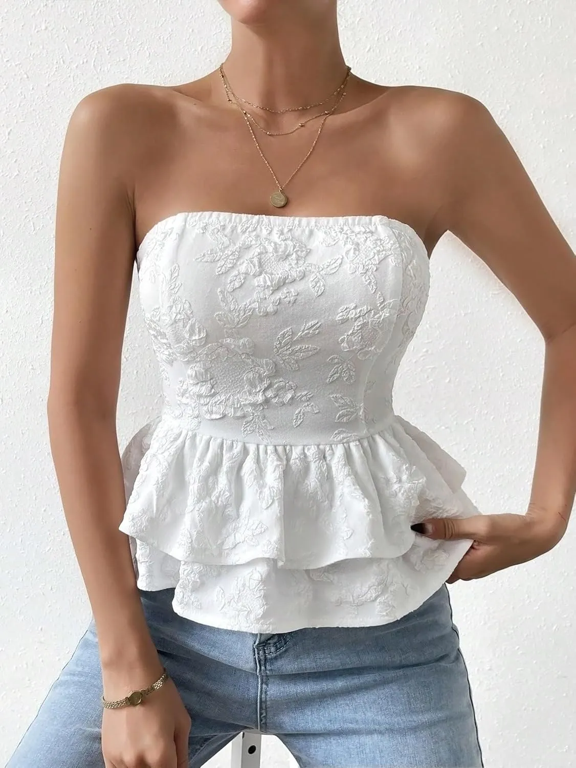 MakeMeChic Women's Bow Knot Tie Back Bandeau Floral Lace Ruffle Tiered Shirt Peplum Tube Tops