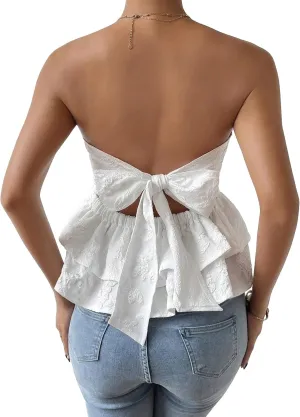 MakeMeChic Women's Bow Knot Tie Back Bandeau Floral Lace Ruffle Tiered Shirt Peplum Tube Tops