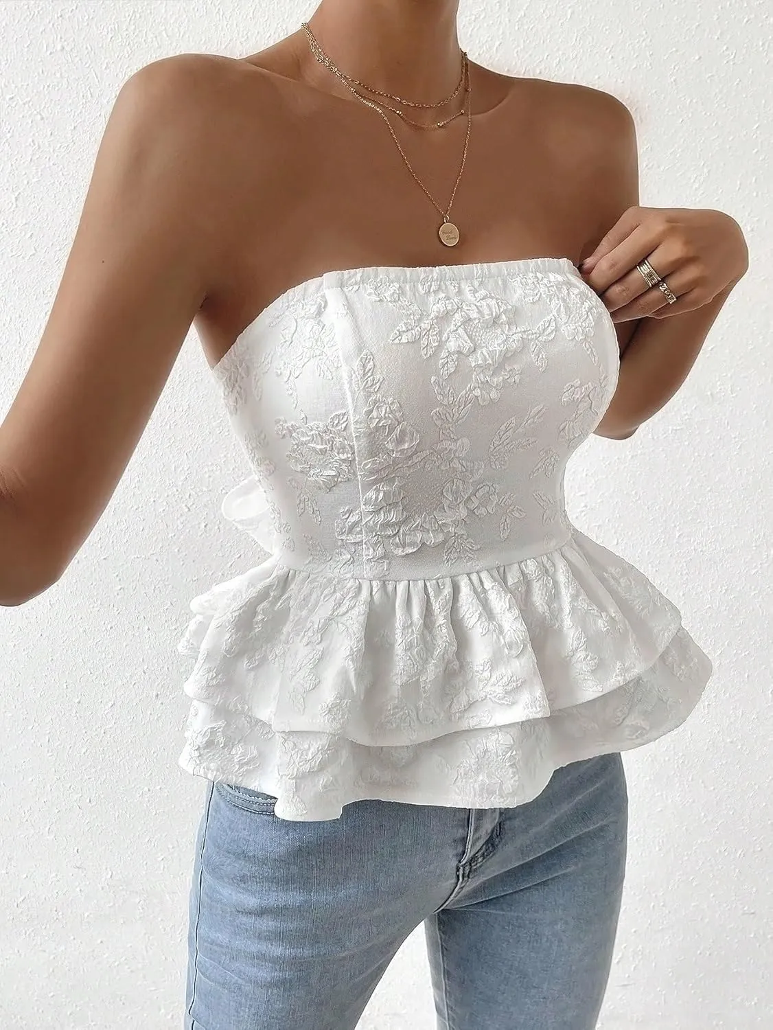 MakeMeChic Women's Bow Knot Tie Back Bandeau Floral Lace Ruffle Tiered Shirt Peplum Tube Tops