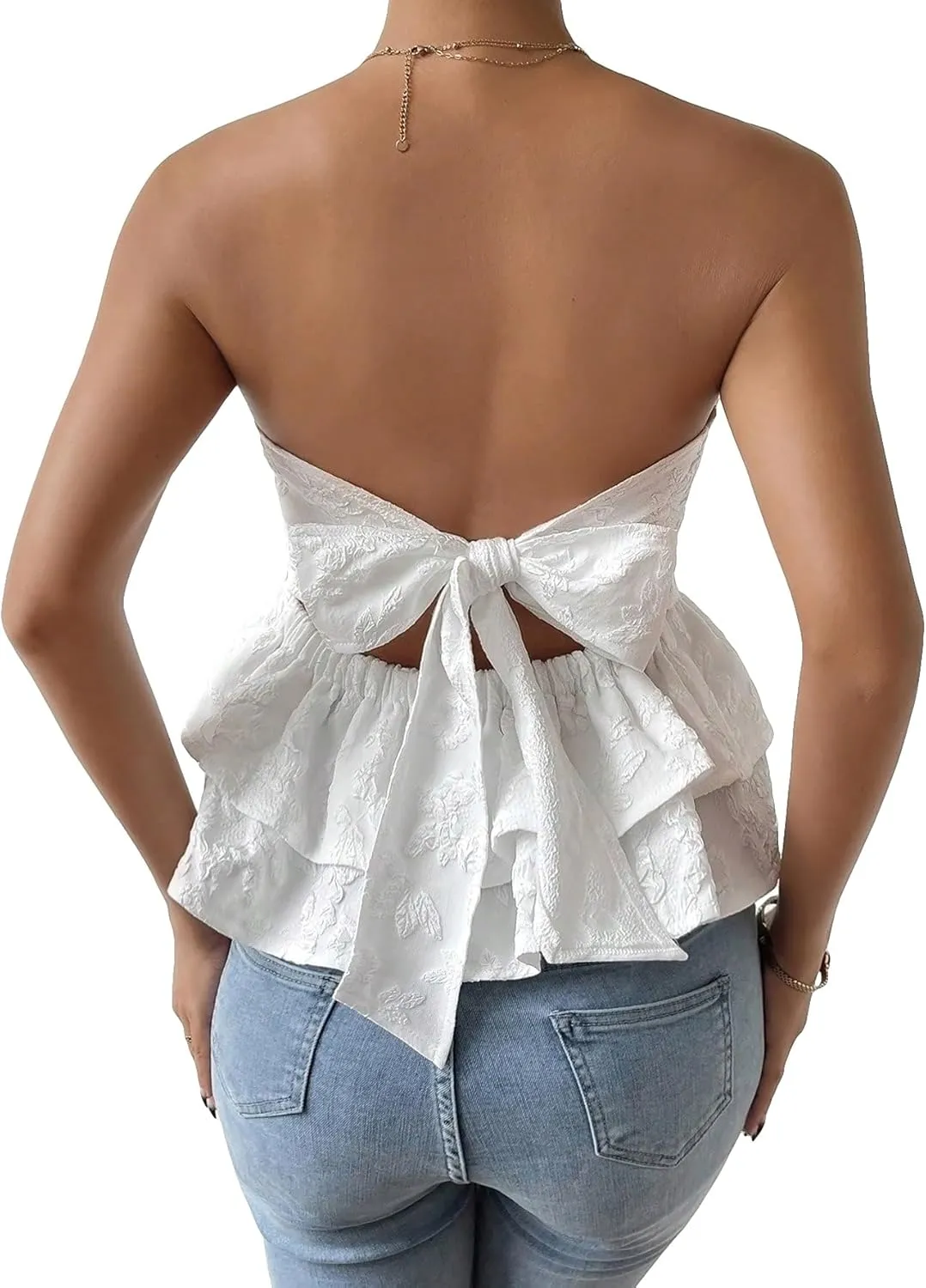 MakeMeChic Women's Bow Knot Tie Back Bandeau Floral Lace Ruffle Tiered Shirt Peplum Tube Tops