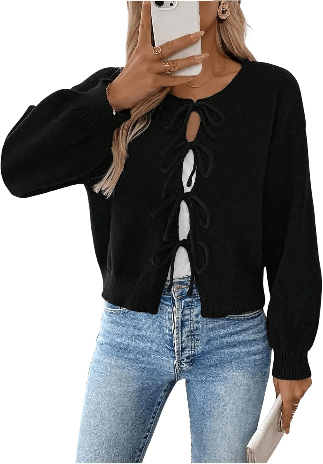 MakeMeChic Women's Bow Tie Front Cardigan Sweater Spring Fall Knit Outerwear
