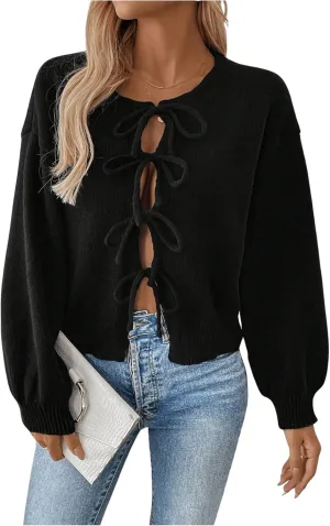 MakeMeChic Women's Bow Tie Front Cardigan Sweater Spring Fall Knit Outerwear