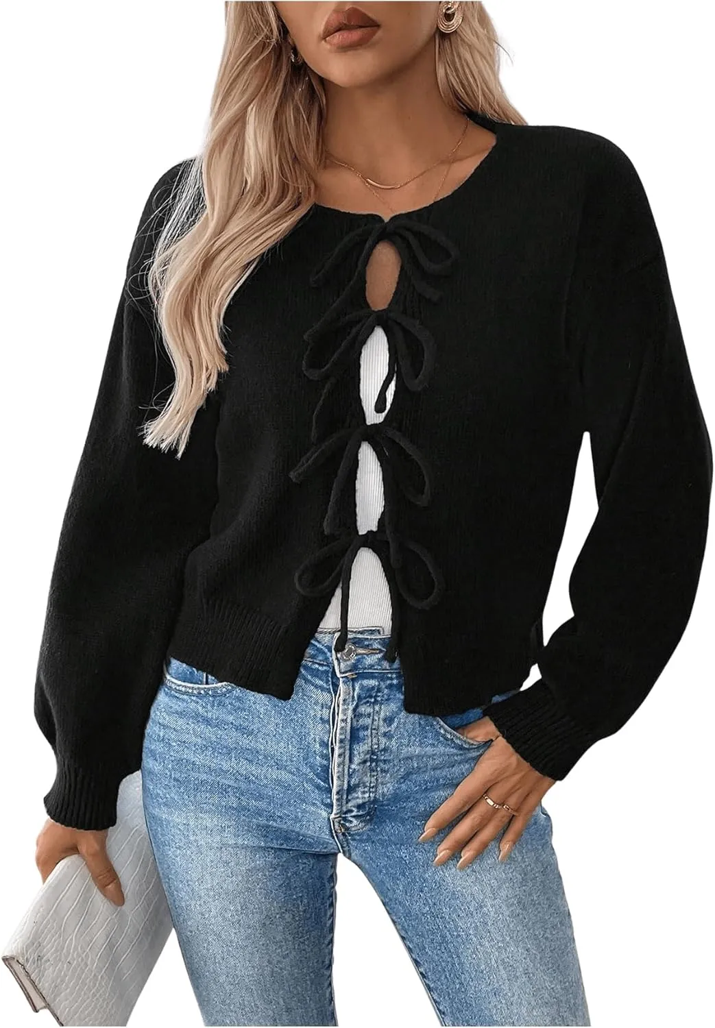 MakeMeChic Women's Bow Tie Front Cardigan Sweater Spring Fall Knit Outerwear