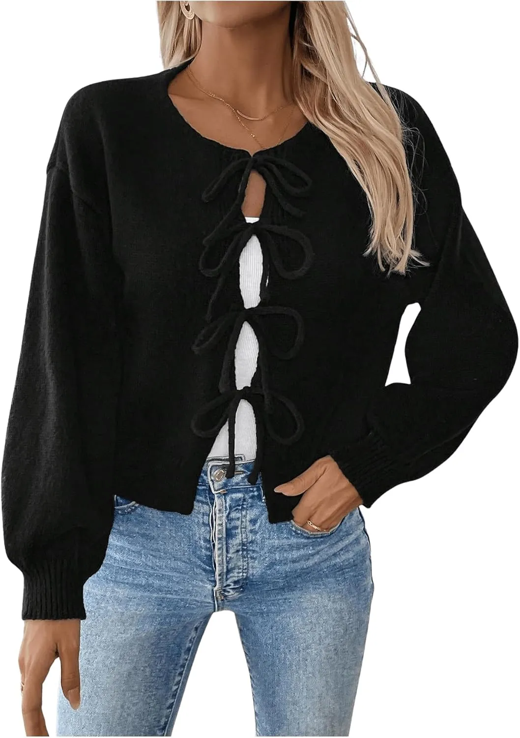 MakeMeChic Women's Bow Tie Front Cardigan Sweater Spring Fall Knit Outerwear