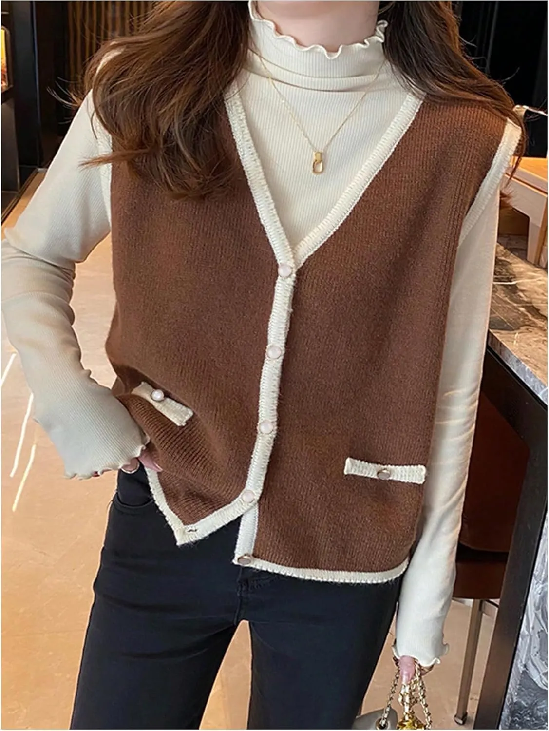 MakeMeChic Women's Contrast Binding V Neck Sweater Vest Sleeveless Button Down Knit Tops