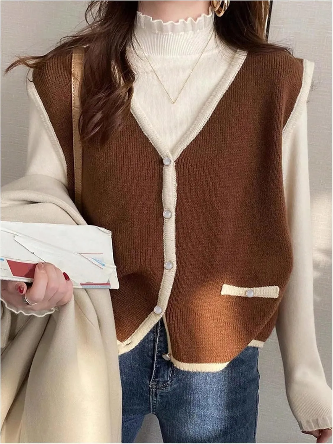 MakeMeChic Women's Contrast Binding V Neck Sweater Vest Sleeveless Button Down Knit Tops