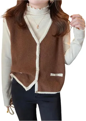 MakeMeChic Women's Contrast Binding V Neck Sweater Vest Sleeveless Button Down Knit Tops