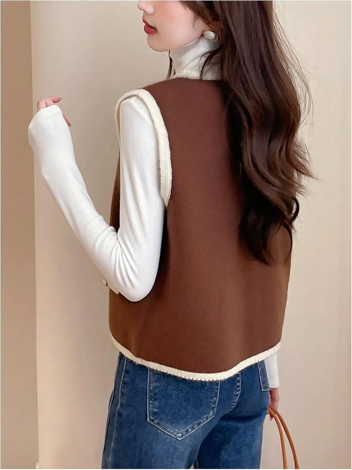 MakeMeChic Women's Contrast Binding V Neck Sweater Vest Sleeveless Button Down Knit Tops