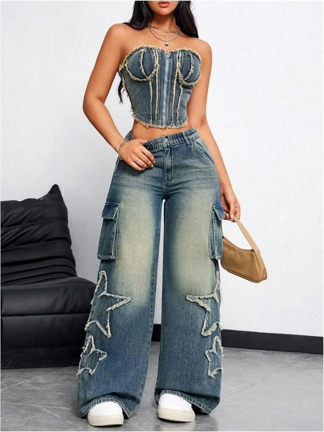 MakeMeChic Women's Denim Bandeau Strapless Raw Hem Zipper Bustier Fitted Y2K Tube Crop Top