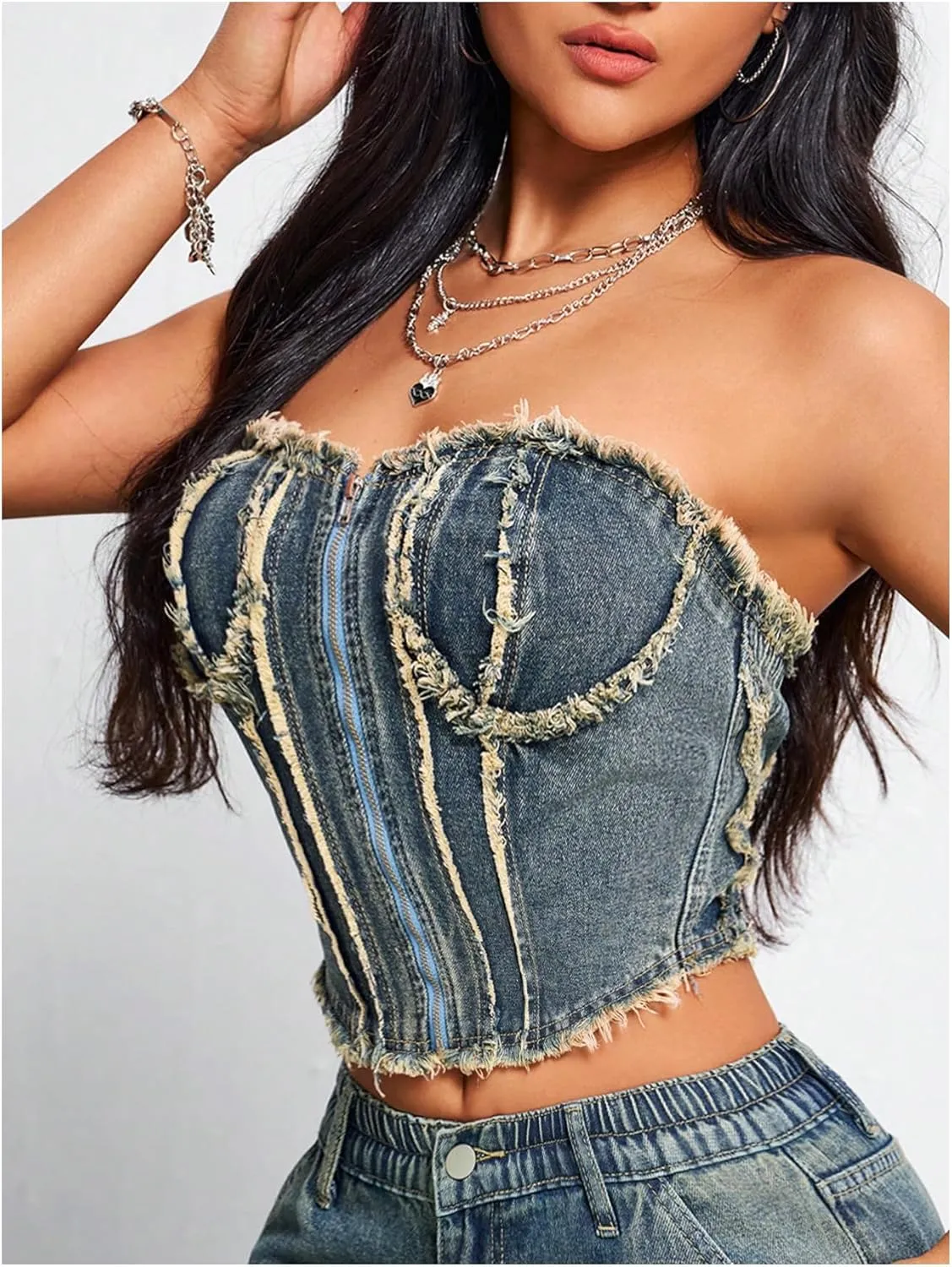 MakeMeChic Women's Denim Bandeau Strapless Raw Hem Zipper Bustier Fitted Y2K Tube Crop Top
